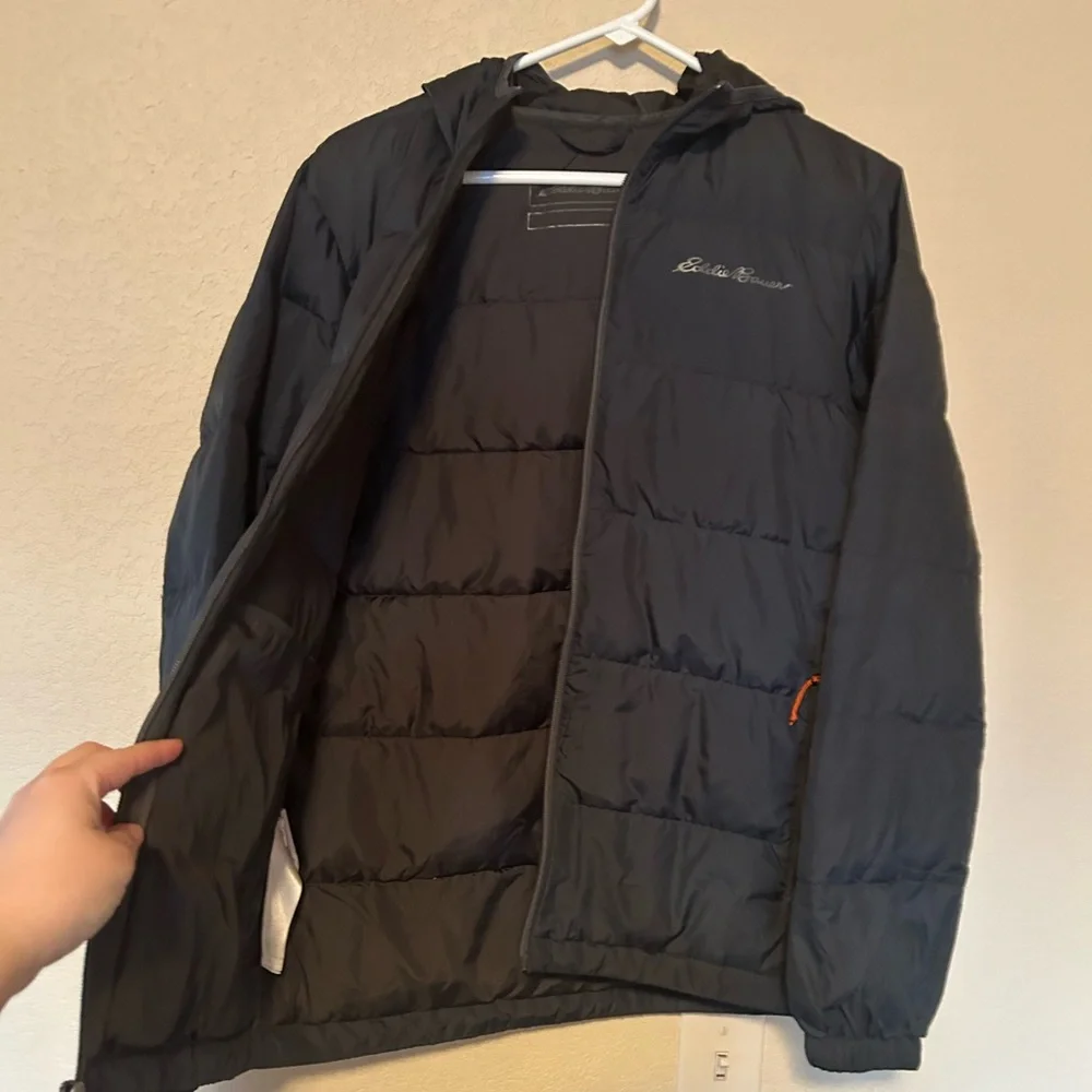 Eddie Bauer Men's Wide Channel Hooded Down Black Puffer Jacket